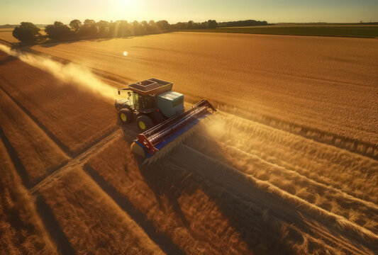 Tractor mowing the field at sunset by Generative AI