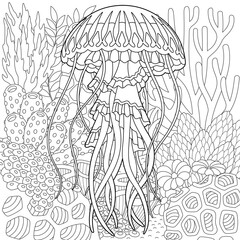 Adult colouring page with a jellyfish. Outline intricate underwater design.
