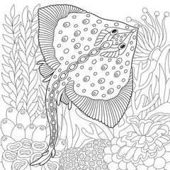 Adult colouring page with a manta ray. Outline intricate underwater design.