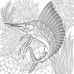 Adult colouring page with a marlin fish. Outline intricate underwater design.