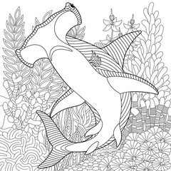 Adult colouring page with a hammerhead shark. Outline intricate underwater design.