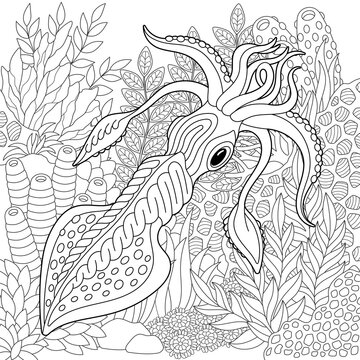 Adult colouring page with a squid. Outline intricate underwater design.