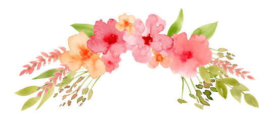 Watercolor orange and pink abstract Flowers with green leaves and branches. Hand drawn illustration with floral bouquet for greeting cards or wedding invitations. Drawing on isolated white background.