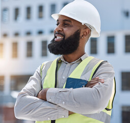 Outdoor, engineer and black man with arms crossed, thinking and planning with problem solving, helmet and inspection. Engineering, manager or architect with ideas, development or project management