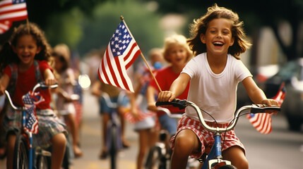 Fototapeta premium Children's Patriotic Activities: An image showing children engaged in painting flags, decorating bikes, or participating in a Fourth of July-themed parade. 