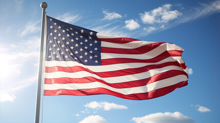 Obraz premium American Flag Waving in the Wind: An image of the American flag flying proudly in the wind against a clear blue sky.