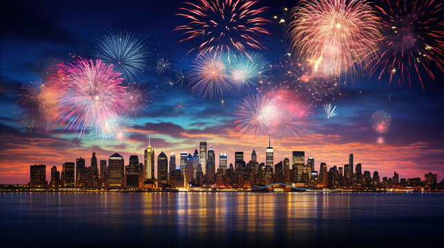 Fireworks Over the City Skyline: An image capturing a stunning fireworks display lighting up the night sky over a city skyline. 