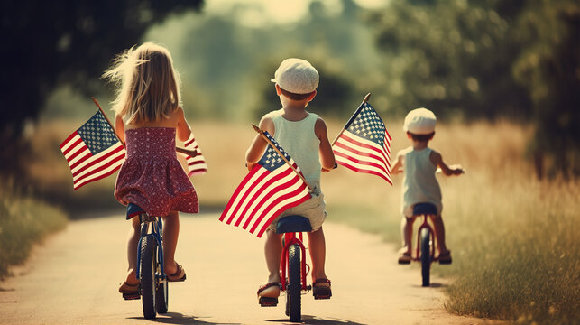 Children's Patriotic Activities: An image showing children engaged in painting flags, decorating bikes, or participating in a Fourth of July-themed parade. 