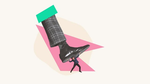 Creative artwork. Giant male foot making pressure on businessman, office worker symbolizing professional stress and descrimination. Stop motion.