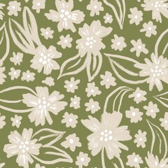 Hand drawn seamless pattern with muted pastel daisy flowers, neutral beige sage green floral design. Boho bohemian trendy loose nature blossom bloom leaves, victorian retro garden print, retro.