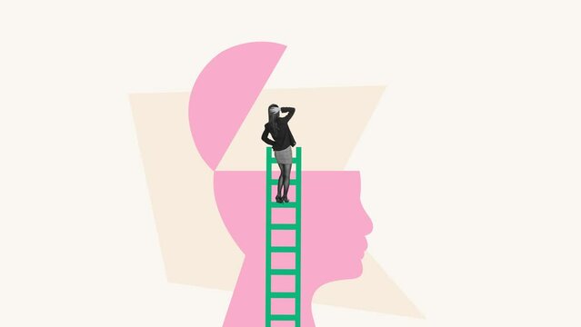Creative artwork. Motivated employee going upwards on stairs symbolizng professional growth. Stop motion.