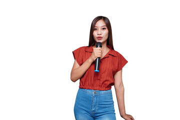 Beautiful Asian Woman Singing and Holding Microphone

