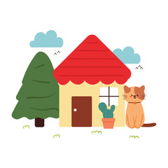 hand drawing cartoon cat and cute little house with tree and plant