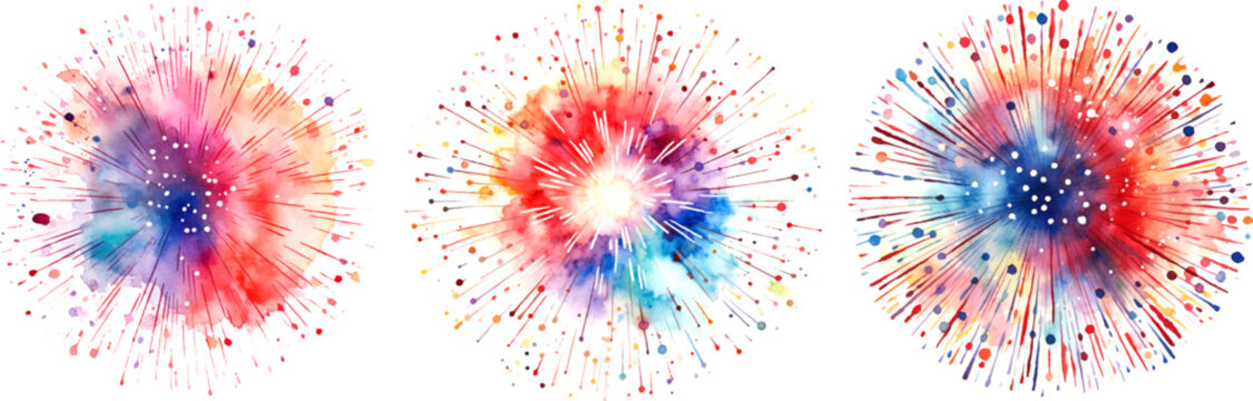 Illustration of fireworks in watercolor style, watercolor colorful splash