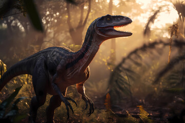 Velociraptor in the prehistoric jungle