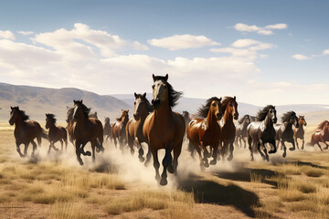 Fototapeta na wymiar Majestic herd of wild horses galloping across the plains, embodying freedom.