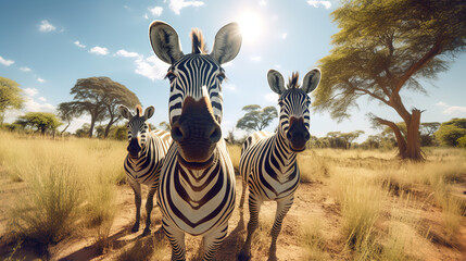 A zebra standing facing the camera on the wild nature grassland of Africa.