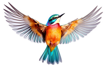 Very beautiful colorful bird in flight isolated on white background PNG