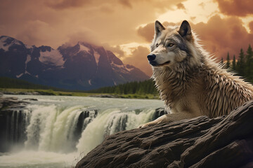 Imposing wolf sitting in front of natural mountains and waterfall. Generative AI