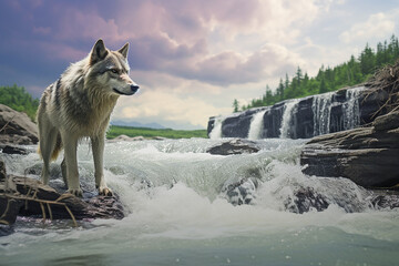 Imposing wolf sitting in front of natural mountains and waterfall. Generative AI