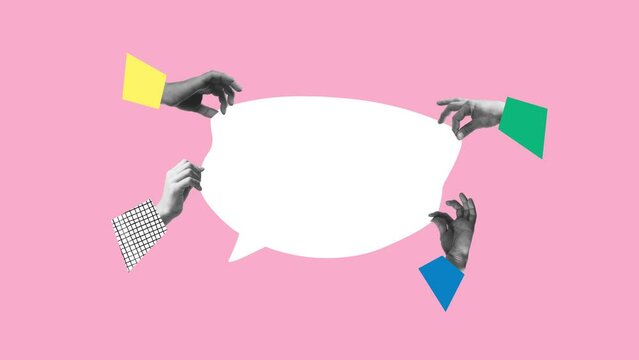 Creative collage with human hands holding speech bubble symbolizing business cooperation and communication. Stop motion.