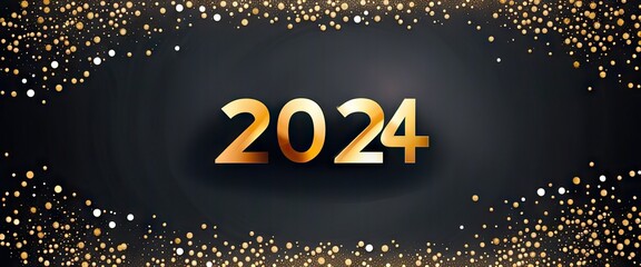 Banner 2024 New Year Abstract golden fireworks and golden gradient numbers on dark background. Illustration Generative