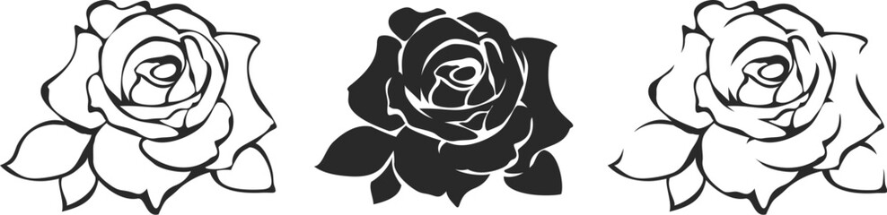 Rose flowers isolated on a white background. Roses tattoo design. Set of vector black and white illustrations