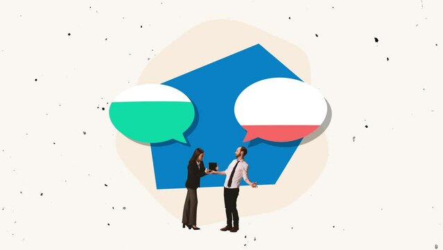 Creative artwork. Manager and office worker duscussng business questions. Man having lack of ideas. Stop motion.