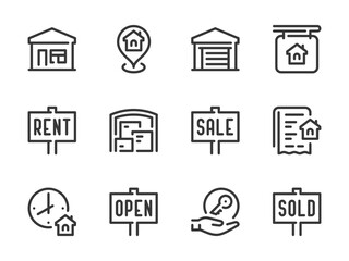 Real Estate and Property vector line icons. Building and Apartment ownership outline icon set. Rent, Location, Storage, Agreement, Key Handover, Sale Announcement, House and more.