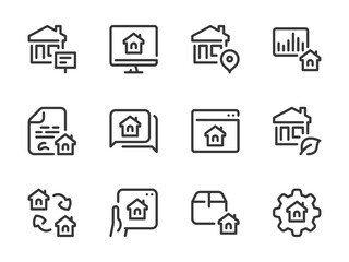 Real Estate and Property vector line icons. Building and Apartment ownership outline icon set. Online Agency, Contract, Report, Flipping, House Market Research and more.