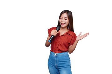 Obraz premium Beautiful Asian Woman Singing and Holding Microphone Eyes Closed