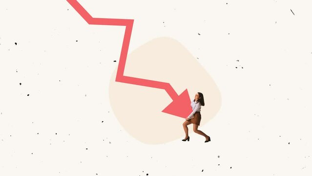 Young office worker, employee trying to prevent falling graph arrow symbolizing financial problems and business failure. Stop motion.