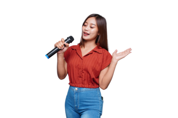 Beautiful Asian Woman Singing and Holding Microphone Eyes Closed