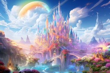 Fototapeta na wymiar Beautiful fantasy landscape with a river, a temple and a rainbow