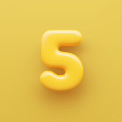 3D Yellow number 5 with a glossy surface on a yellow background .