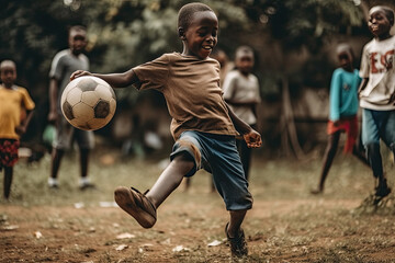 Little African boy is playing football with happy friends in village