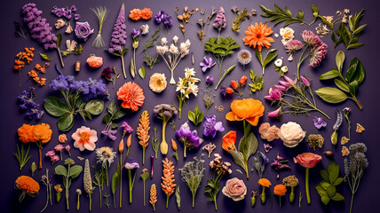 Fleurs des champs dispos&eacute;es sur un fond fonc&eacute; et vues de dessus - Knolling - G&eacute;n&eacute;rative ia