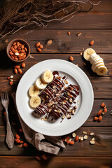 Bananas covered in chocolate sauce, cream sauce and chopped almond nuts