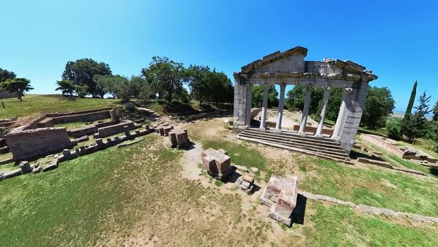 Apollonia is an ancient archaeological site located in Albania. It holds significant historical importance as one of the most prominent and well-preserved ancient cities in the country. Aerial view.
