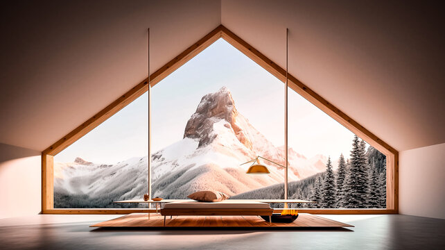 Grande ouverture donnant vue sur la montagne dans appartement d'architecture design - Générative ia