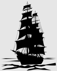 black and white vector illustration with the image of a sailing ship for printing postcards, flyers, stickers and for the design of other illustrations © Сергей Вербовский