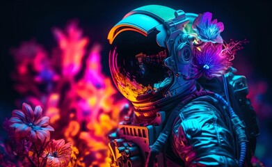 Astronaut on colorfull bright surface with space background. Astronaut walk on the moon wear cosmosuit. Future concept. Generative AI.