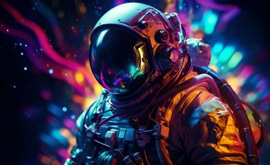 Astronaut on colorfull bright surface with space background. Astronaut walk on the moon wear cosmosuit. Future concept. Generative AI.