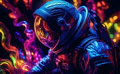 Astronaut on colorfull bright surface with space background. Astronaut walk on the moon wear cosmosuit. Future concept. Generative AI.
