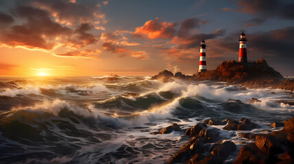 Coastal lighthouses, capturing the rugged rocks and crashing waves at golden hour