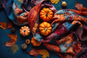 Small pumpkins, bright colored shawl and autumn leaves, abstract background. Generative AI