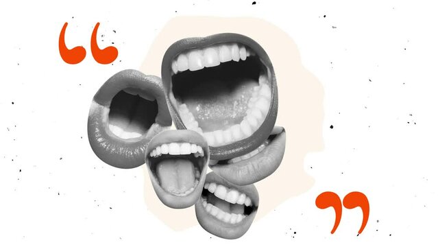 Creative artwork. Contemporary art collage. Many female mouths talkig, shouting symbolzing communication and quotation. Stop motion animation.