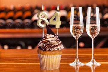 Cupcake With Numbers And Glasses With Wine For Birthday Or Anniversary