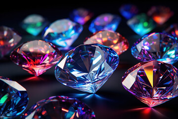 Diamonds shimmering with colorful prismatic light reflections - obrazy, fototapety, plakaty