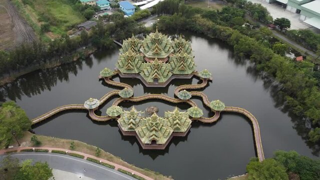 Aerial footage of Ancient city, Ancient Siam, Muang Boran in Bangkok Thailand